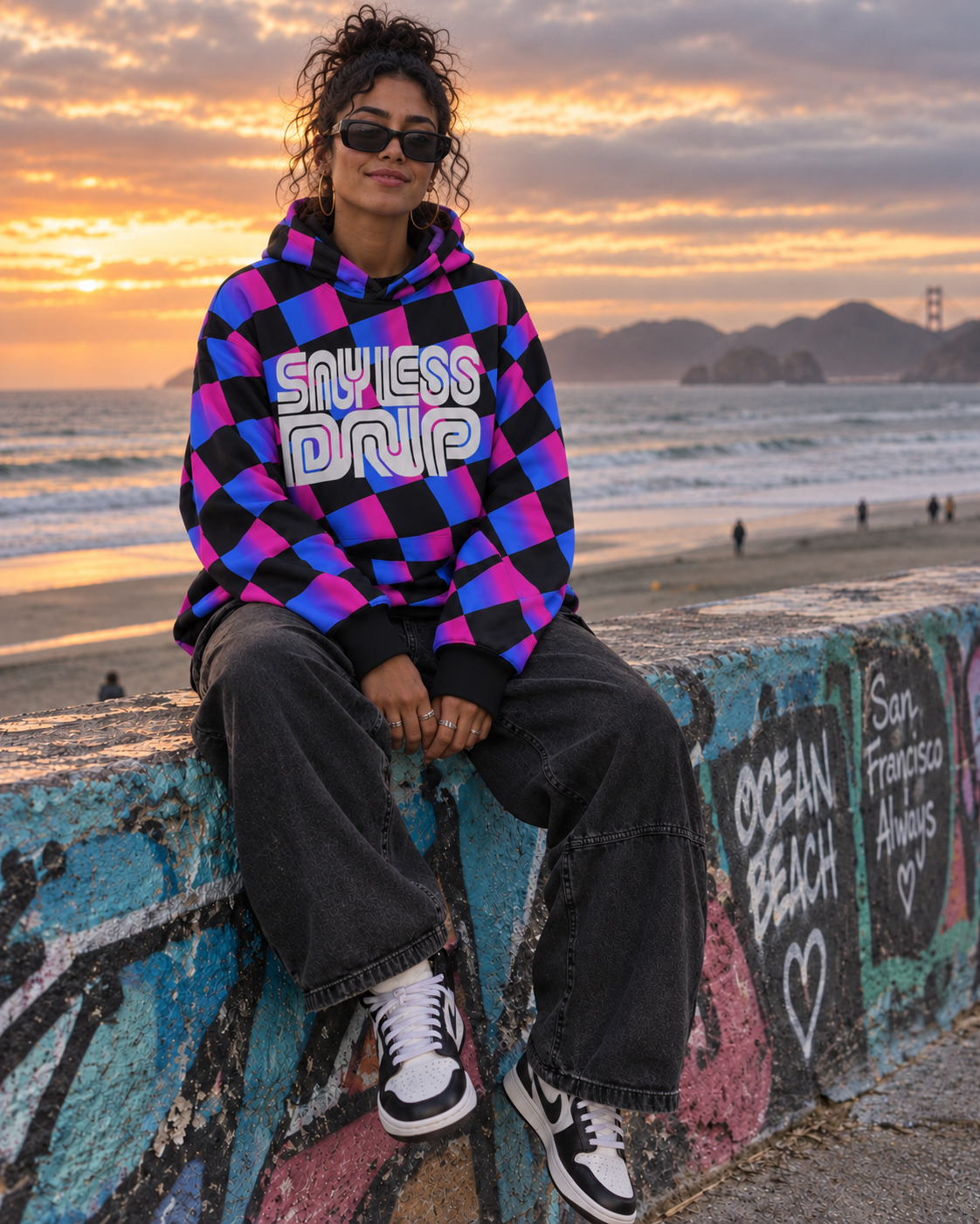 Say Less Gradient Check Oversized Cotton Hoodie