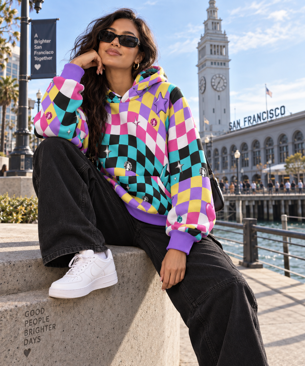 Electric Check Oversized Cotton Hoodie