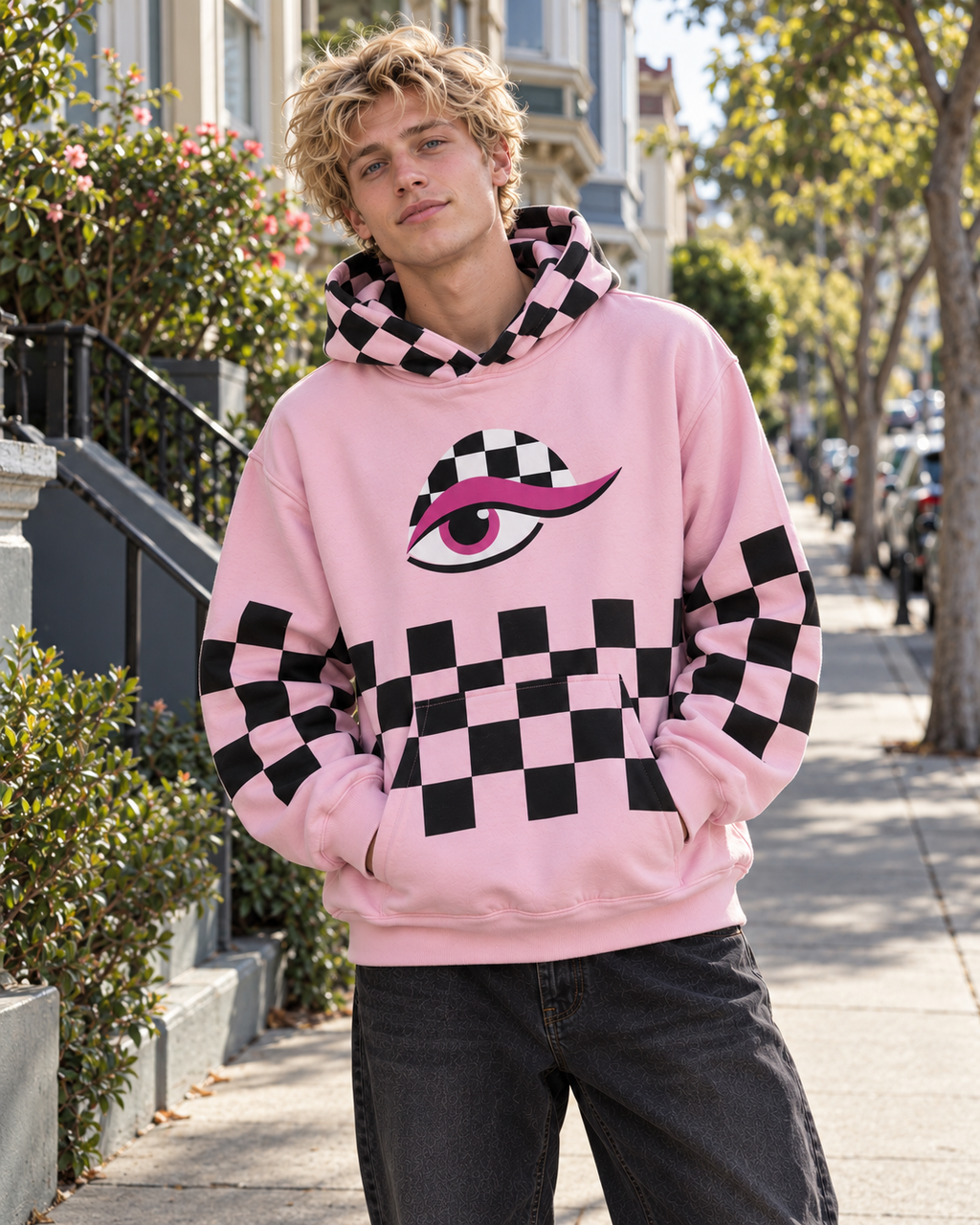 Pink Check Vision Oversized Cotton Hoodie