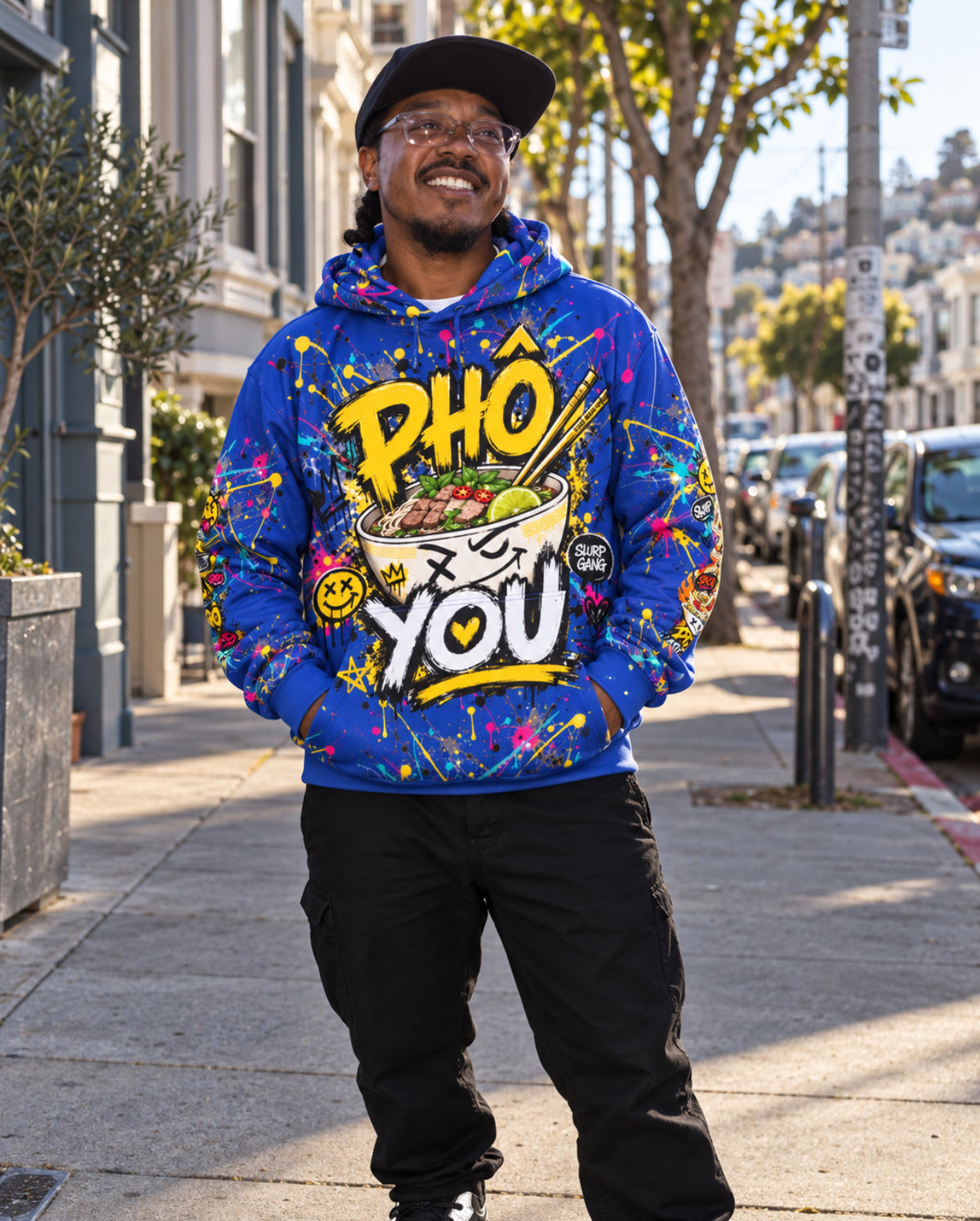 Pho You Blue Splash Oversized Cotton Hoodie